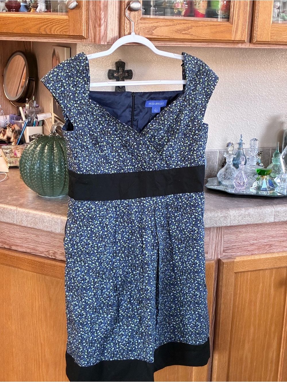 Sezane Navy Floral Midi Dress with Black Waistband
